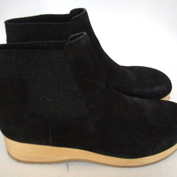 Eileen Fisher Black Suede Wood-Bottom Rubber Sole Chelsea Clog-Boots 9.5M $285 - Picture 4 of 8